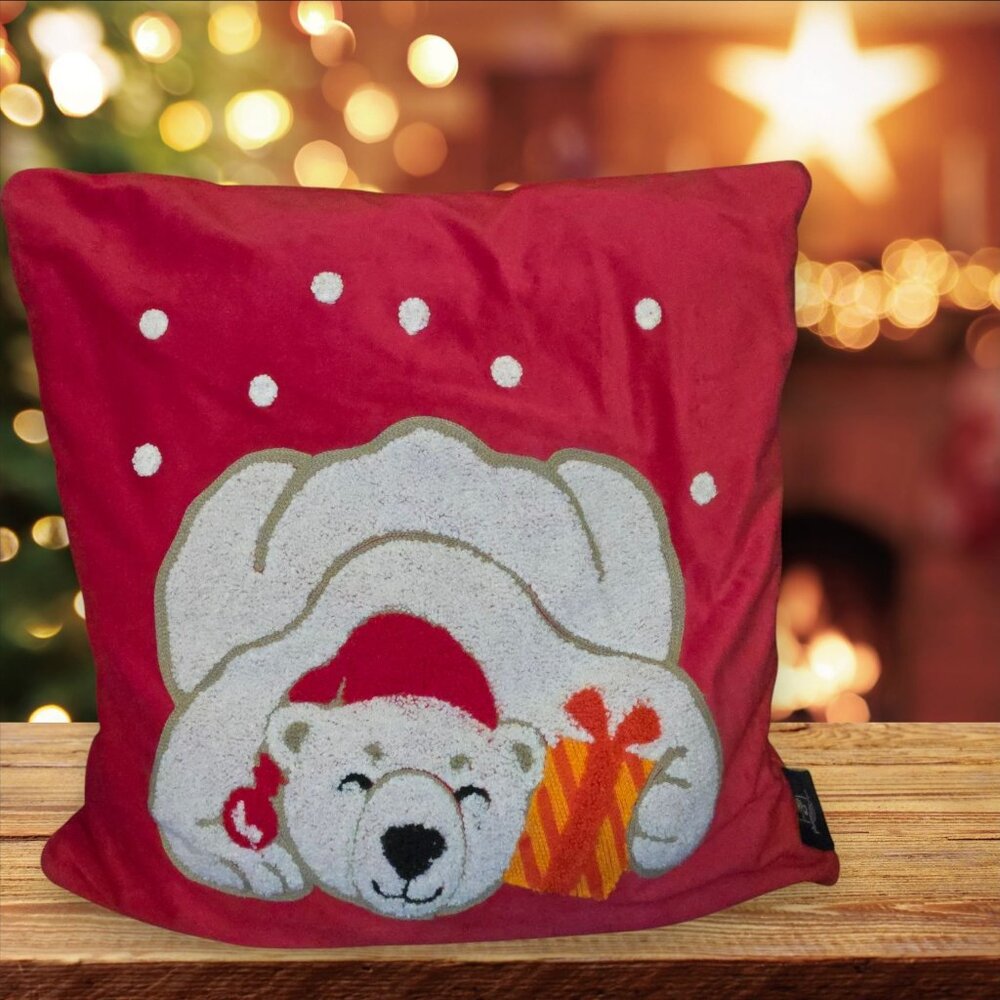 Phantoscope Pillow Cover Polar Bear With Gift Santa Hat Red White Needle Punch